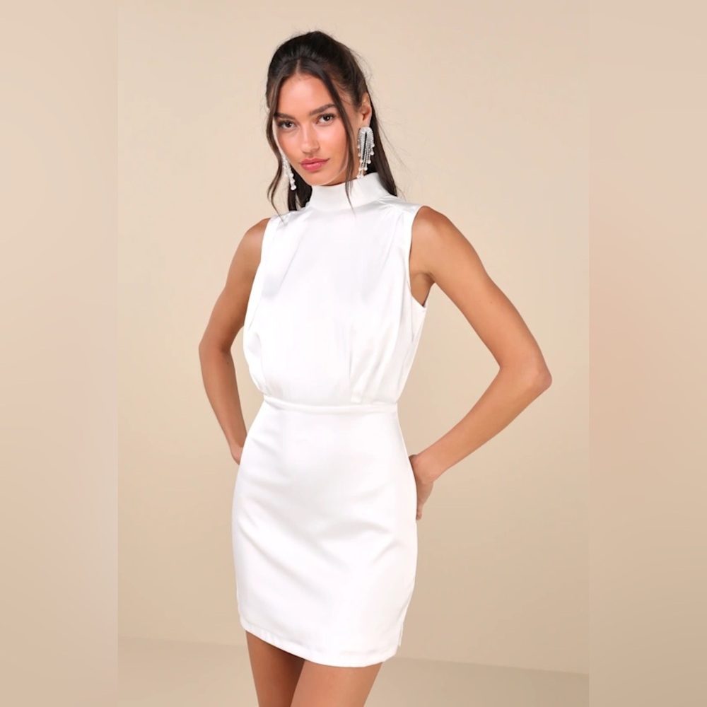 Lulus Classic Elegance White Satin Sleeveless‎ Mock Neck Mini Dress Size L